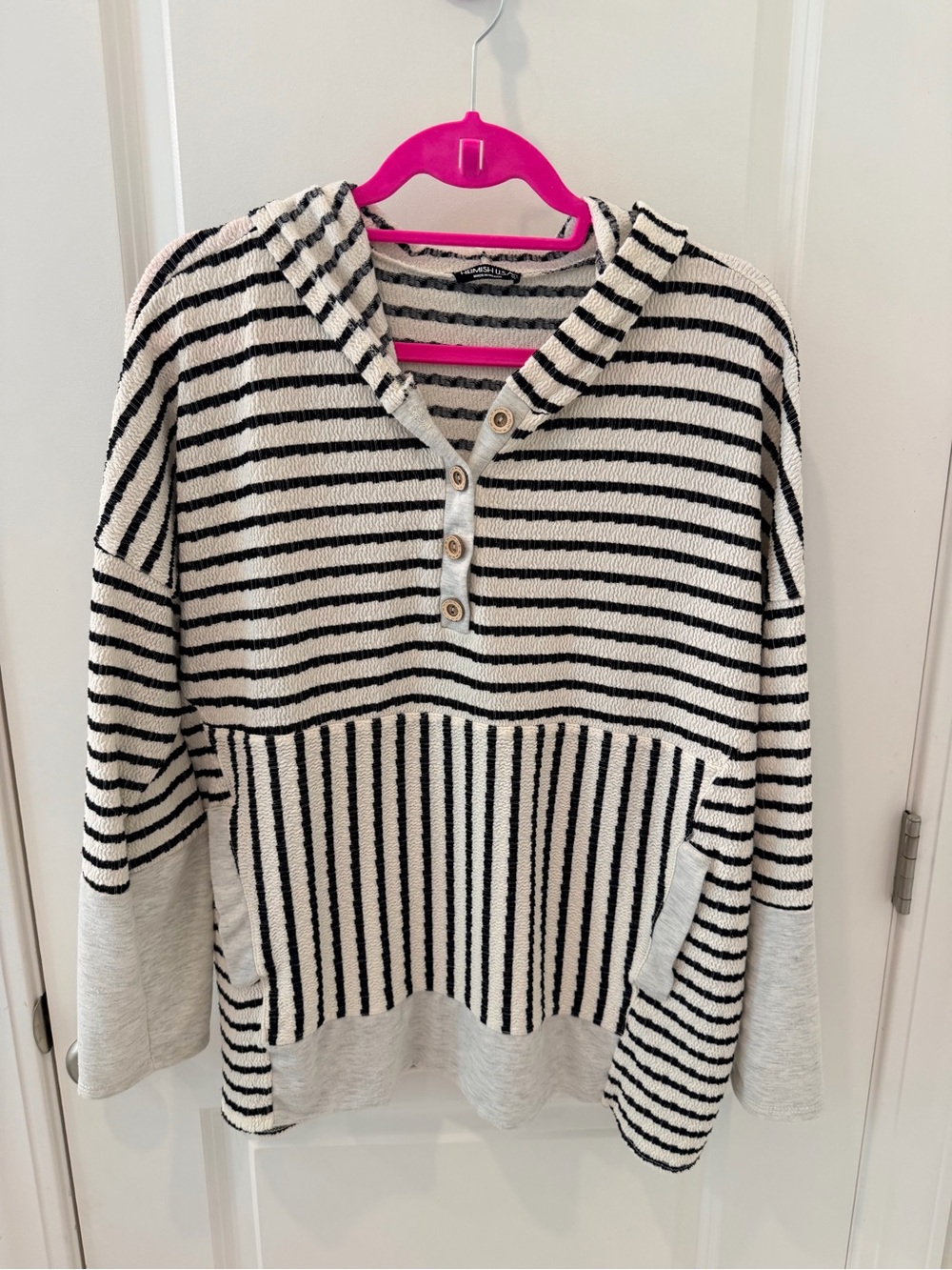 Striped Hooded Pullover Sweater - Black & Cream